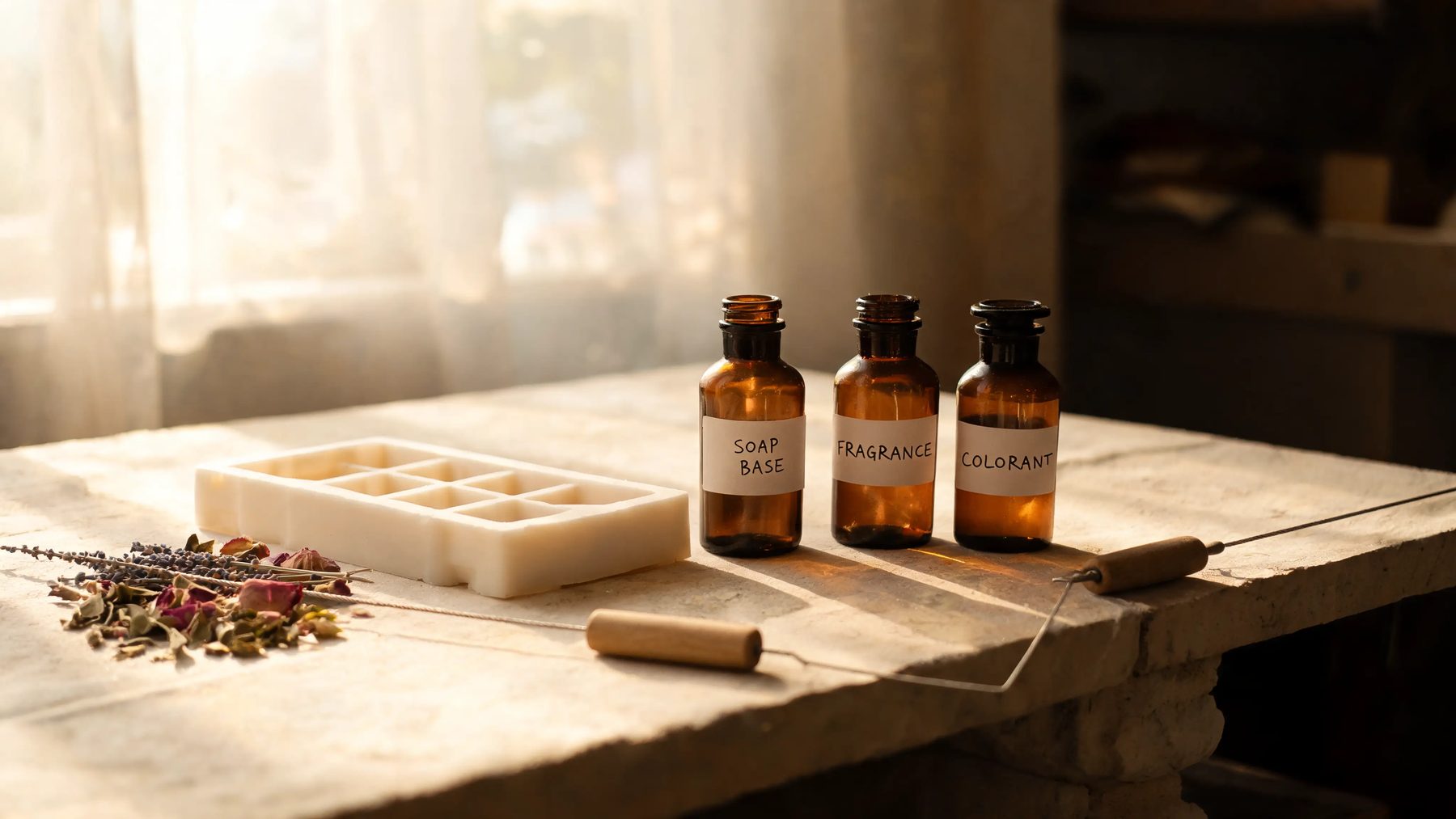Workshop bench with a soap mould, cutting wire and labelled amber bottles